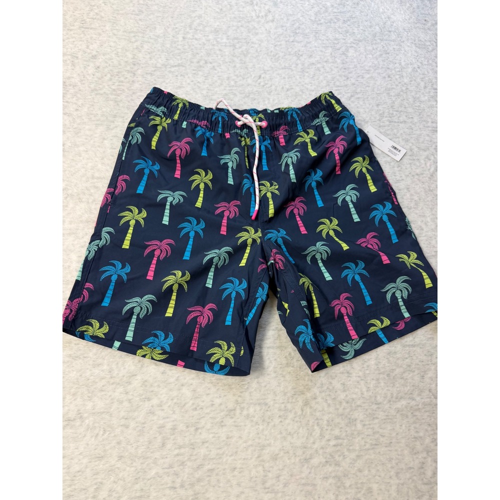 Mens Resort Swim Trunk Navy‎ Blue Neon Palm Tree Print Elastic Waist NWT Small